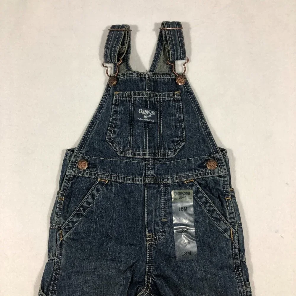 Oshkosh B'Gosh Kids 18 Months Toddler Bib Overalls Blue Dark Wash Snaps NEW NWT